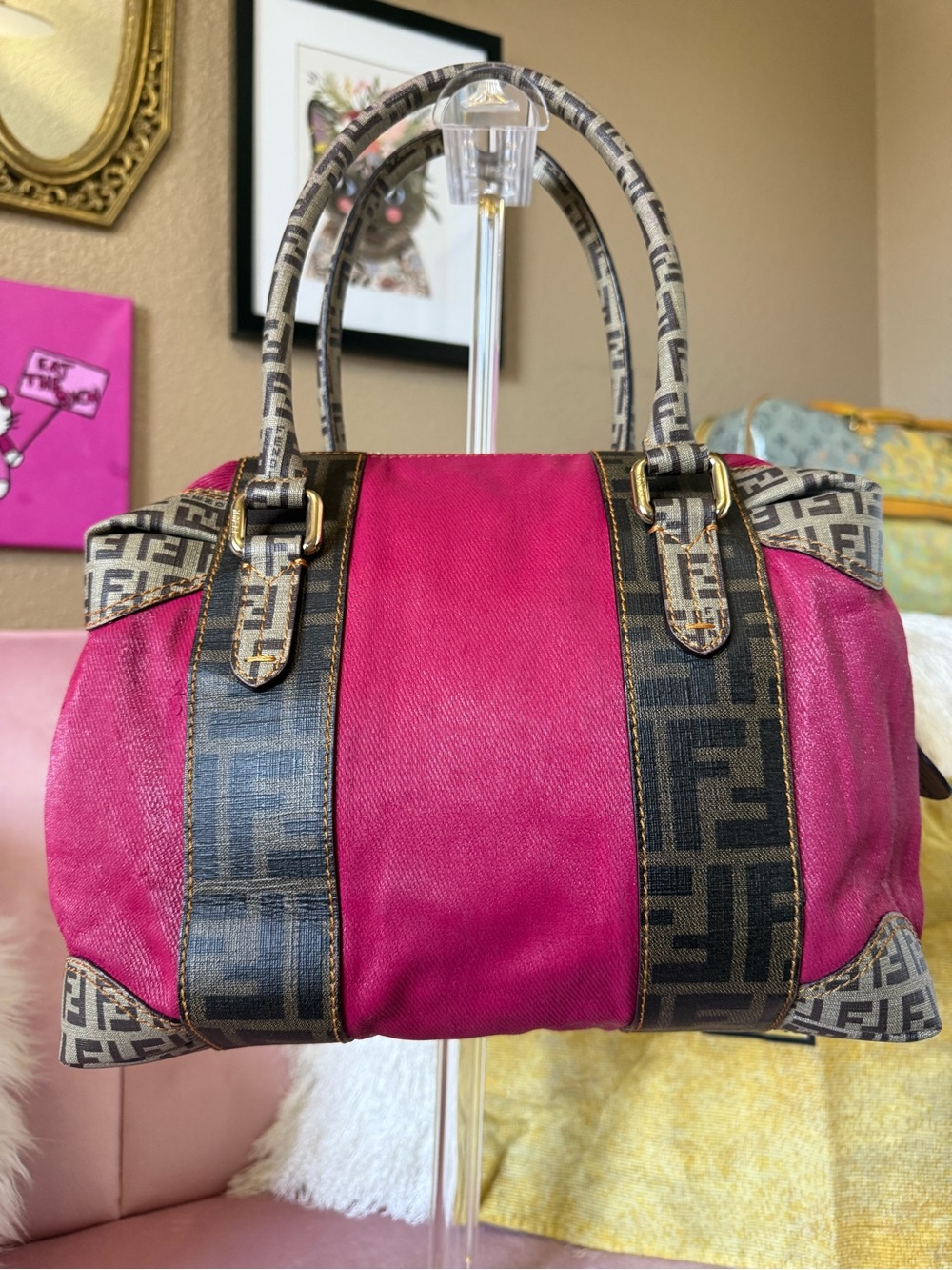 💯Authentic! Fendi FOREVER BAULETTO Barbie Pink and Zucca Canvas Satchel Handbag